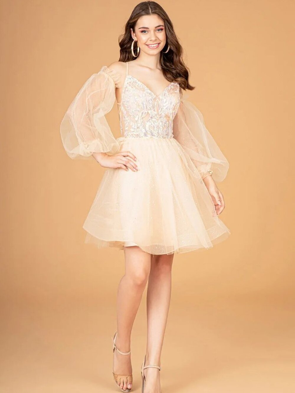 NEW CHAMPAGNE Sequin & Mesh Cocktail Dress Formal Elegant Stunning GS3095